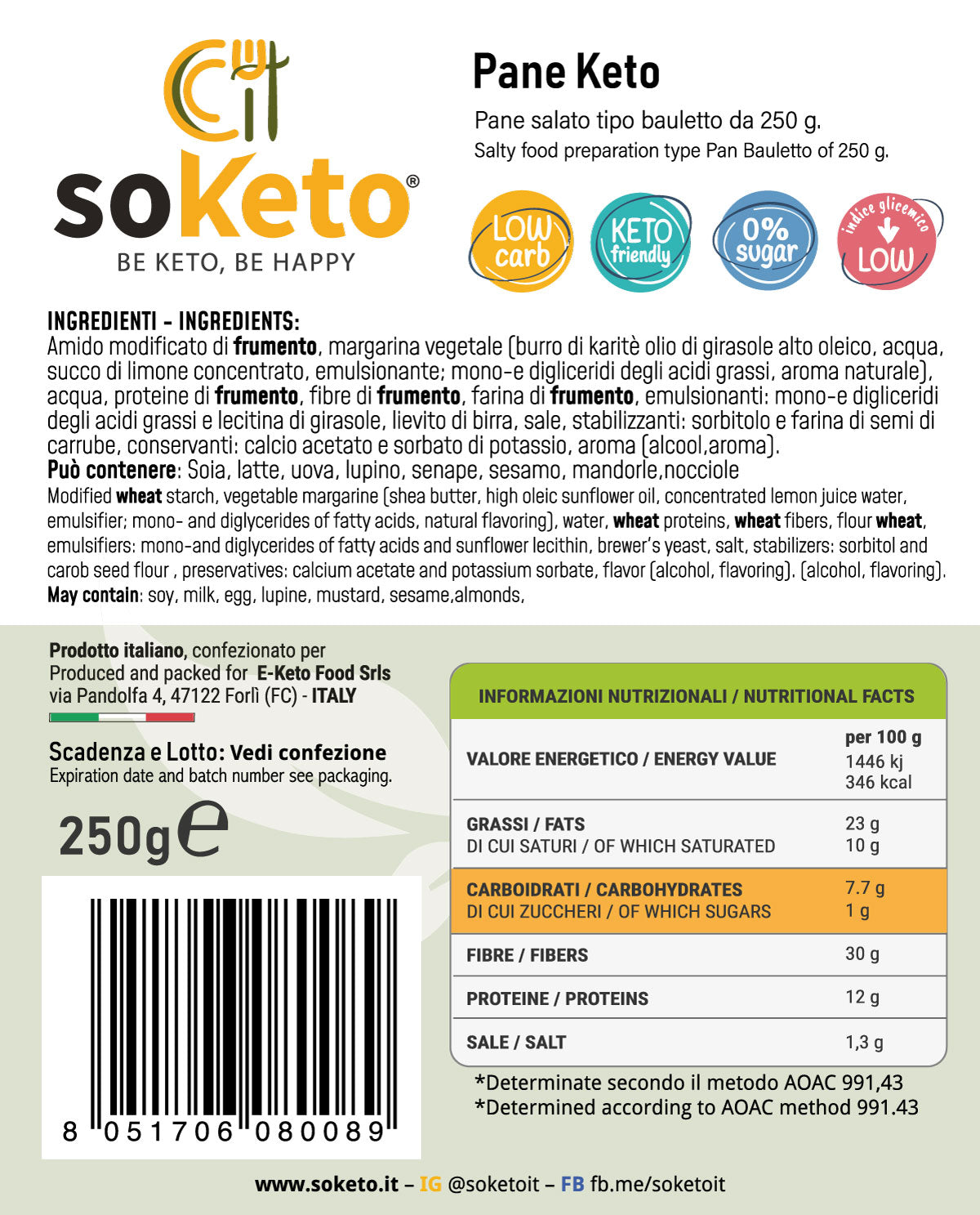 Keto Low Carb Pan Bauletto 12g Protein 7.7g Carbs per 100g - SOKETO Protein Bread 30g Fiber Coconut Oil - Low GI for Diabetics Type Sandwich - 250g - Exp. 06/2026