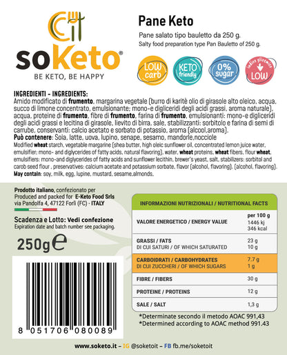 Keto Low Carb Pan Bauletto 12g Protein 7.7g Carbs per 100g - SOKETO Protein Bread 30g Fiber Coconut Oil - Low GI for Diabetics Type Sandwich - 250g - Exp. 06/2026