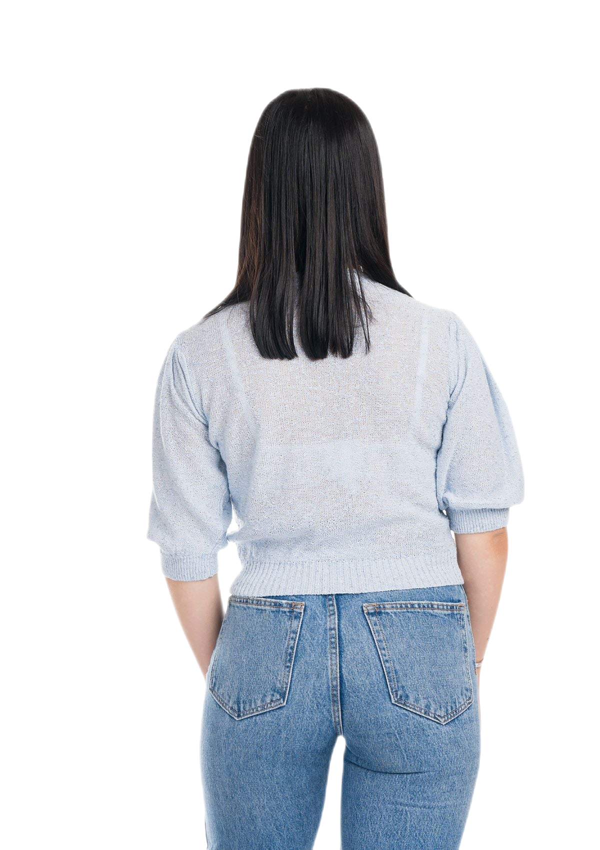Jessica: camiseta de mujer de cuello redondo con mangas abullonadas e inserciones de encaje
