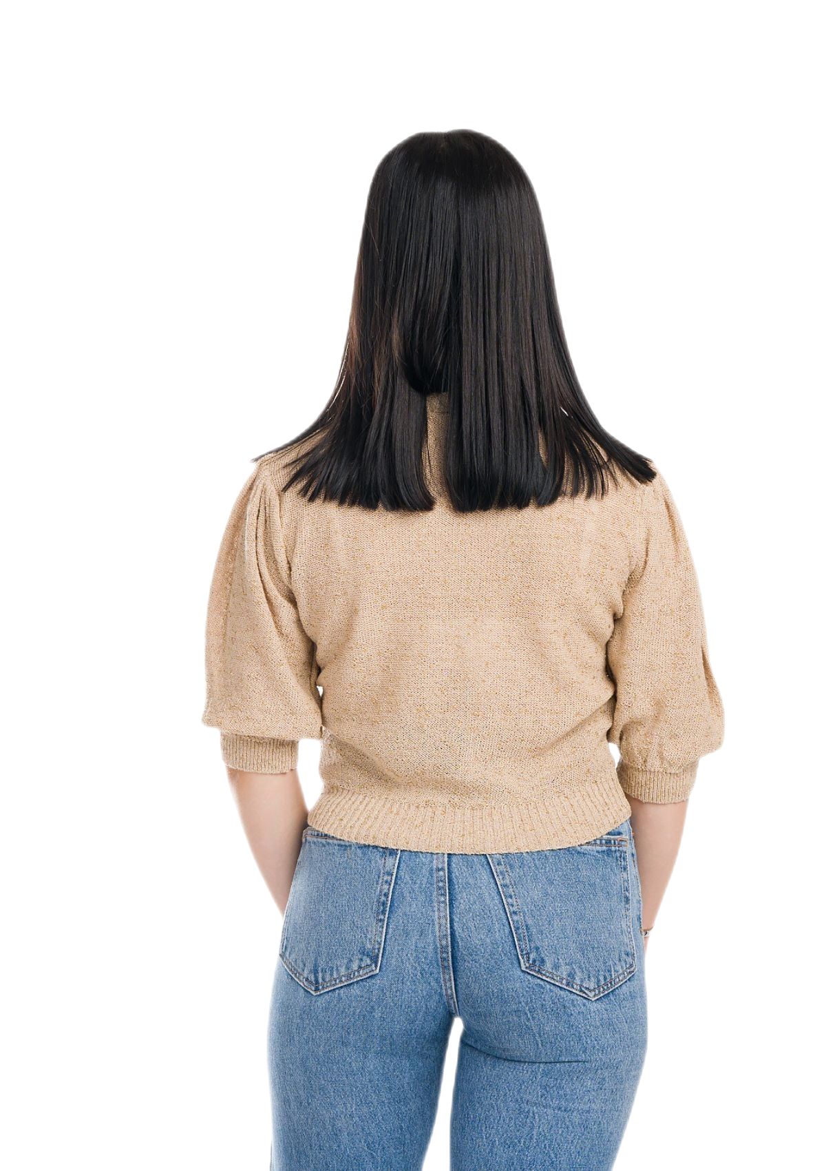 Jessica: camiseta de mujer de cuello redondo con mangas abullonadas e inserciones de encaje