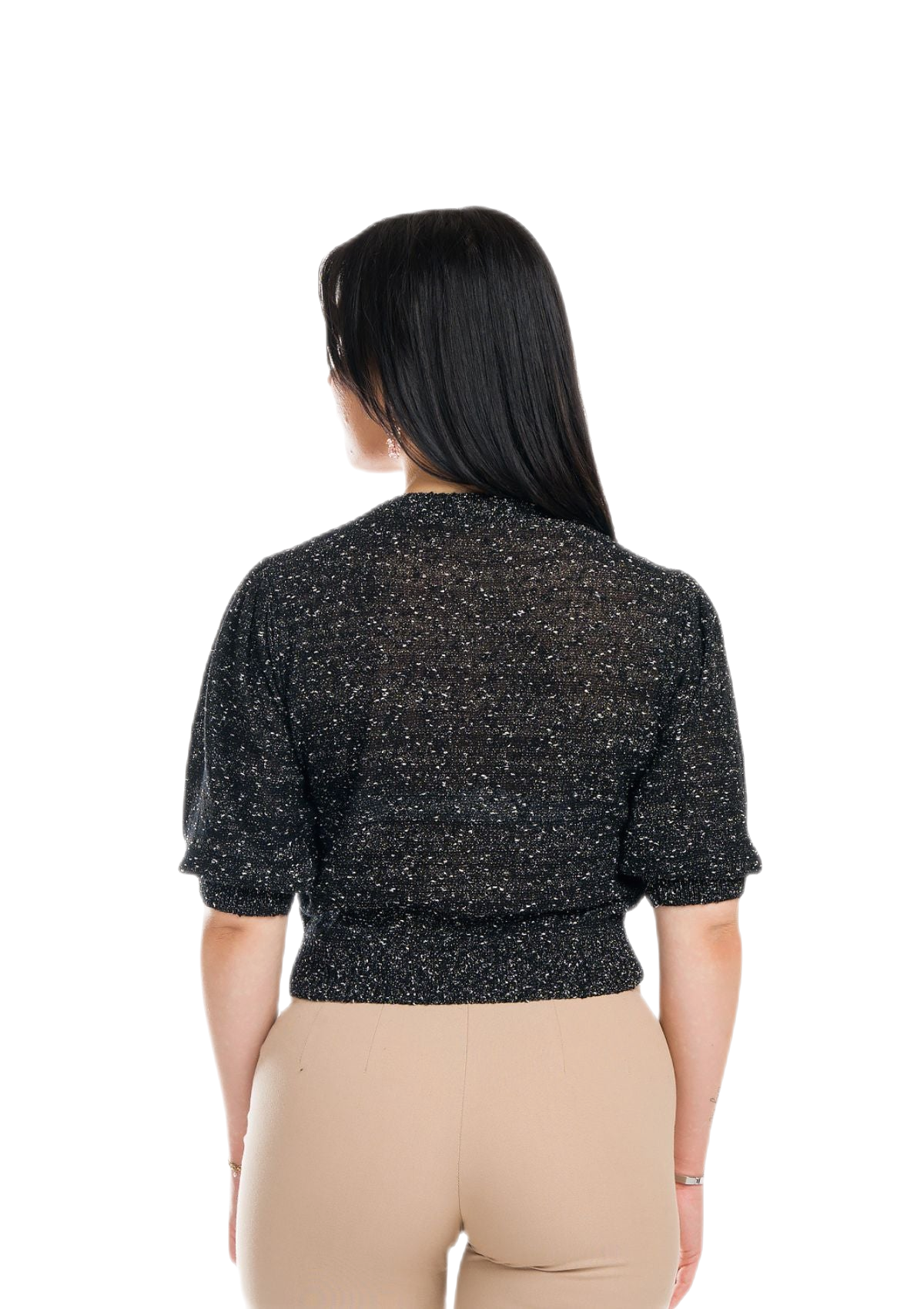 Jessica: camiseta de mujer de cuello redondo con mangas abullonadas e inserciones de encaje