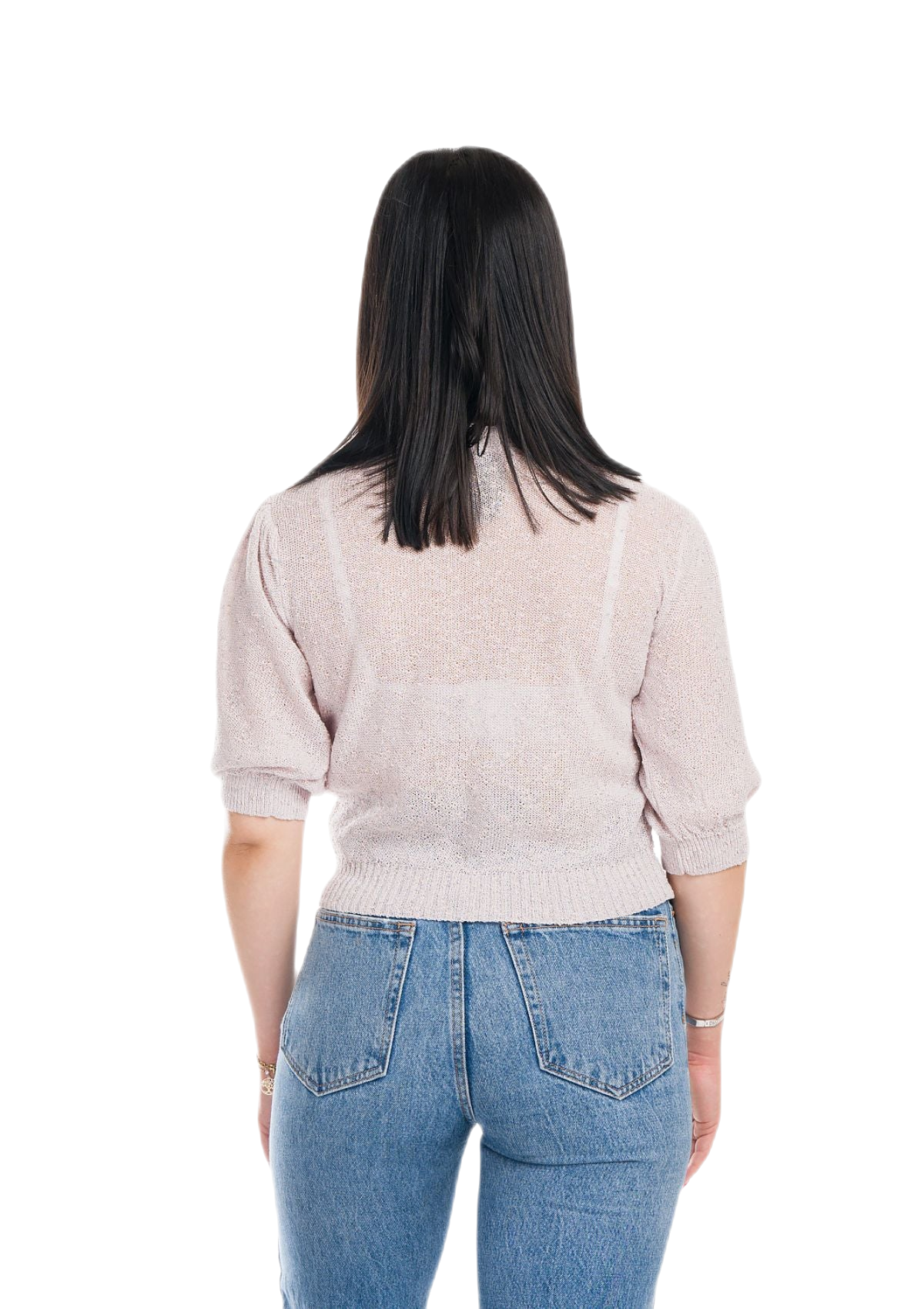 Jessica: camiseta de mujer de cuello redondo con mangas abullonadas e inserciones de encaje