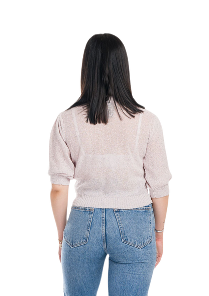 Jessica: camiseta de mujer de cuello redondo con mangas abullonadas e inserciones de encaje