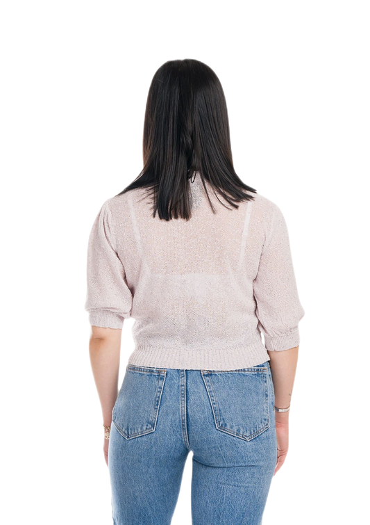 Jessica: camiseta de mujer de cuello redondo con mangas abullonadas e inserciones de encaje